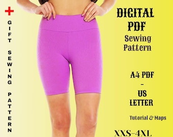 Women's Short Leggings, High Waist Shorts Sewing Patterns, Easy Beginner Sewing Pattern, No Side Seam, Gym Activewear Exercise Pants PDF