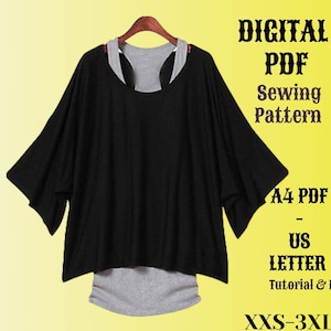 May include: Digital PDF sewing pattern for a black and grey layered top. The pattern includes instructions and is available in sizes XXS-3XL. The pattern is available in A4 and US Letter sizes.