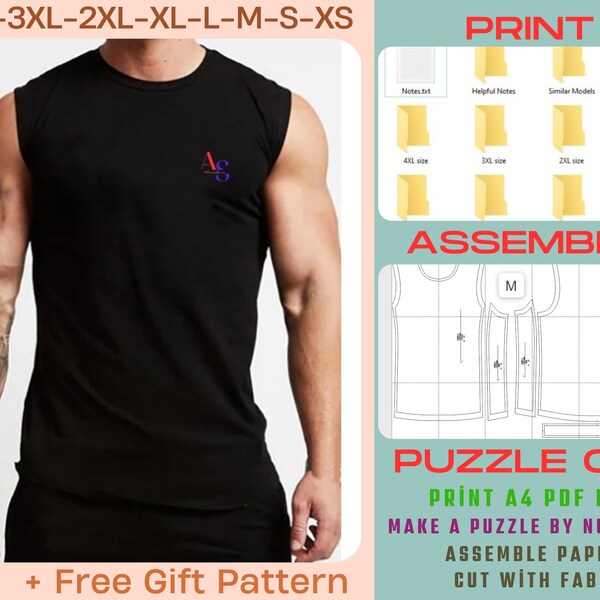 Pattern Fitness Shirt For Mens, Sportwear Vests Muscle Men Tank Tops, Gym Workout Sleeveless Shirt Men,Sewing Pattern, Us Letter, A4