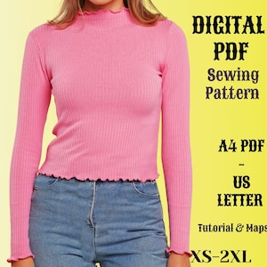 Può includere: Un cartamodello digitale per una camicia rosa a maniche lunghe con un orlo a balze. Il cartamodello include istruzioni ed è disponibile nelle taglie XS-2XL. Il cartamodello è disponibile nei formati A4 e US Letter.