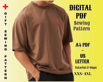 Schone patronen, patroon oversized T-shirt, naaipatronen herent-shirt, digitale pdf XXS-4XL, A0, A4 en USletter, instant download voor man