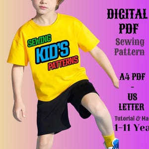 Patrones de costura de camisetas de cuello redondo para niños, patrones de costura fáciles para principiantes, patrones de camisetas, tamaño A0, A4, PDF, 1/11 años para niños