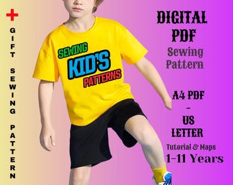 Patrón de costura para camiseta infantil de cuello redondo: Camiseta fácil para principiantes (PDF tamaño A4-Carta)
