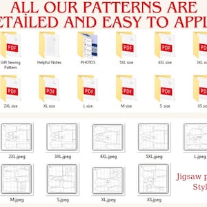 K&ouml;nnte beinhalten: Ein digitales Bild, das eine Vielzahl von PDF- und JPEG-Dateien f&uuml;r ein Schnittmuster zeigt. Die Dateien sind nach Gr&ouml;&szlig;e sortiert, mit Optionen f&uuml;r XS, S, M, L, XL, 2XL, 3XL, 4XL und 5XL. Der Text "ALL OUR PATTERNS ARE DETAILED AND EASY TO APPLY." befindet sich oben im Bild. Der Text "Jigsaw puzzle Style" befindet sich unten im Bild.