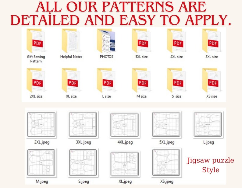 K&ouml;nnte beinhalten: Ein digitales Bild, das eine Vielzahl von PDF- und JPEG-Dateien f&uuml;r ein Schnittmuster zeigt. Die Dateien sind nach Gr&ouml;&szlig;e sortiert, mit Optionen f&uuml;r XS, S, M, L, XL, 2XL, 3XL, 4XL und 5XL. Der Text "ALL OUR PATTERNS ARE DETAILED AND EASY TO APPLY." befindet sich oben im Bild. Der Text "Jigsaw puzzle Style" befindet sich unten im Bild.