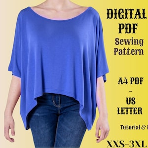 Oversized Loose Fit Sewing Pattern, Women Clothing Batwing Sleeve Blouse, Easy Beginner T-shirt Sewing Patterns, Xxs/3xl Digital Pdf