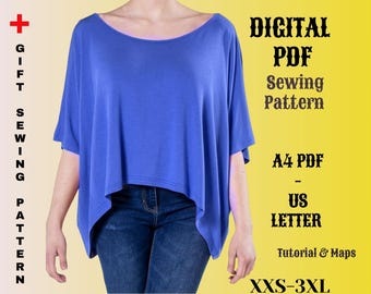 Oversized Loose Fit Sewing Pattern, Women Clothing Batwing Sleeve Blouse, Easy Beginner T-shirt Sewing Patterns, Xxs/3xl Digital Pdf