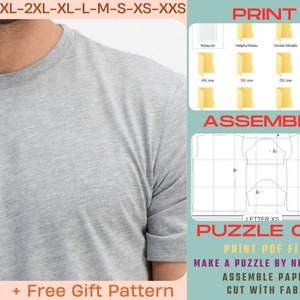 K&ouml;nnte beinhalten: Ein graues T-Shirt-Muster mit Anweisungen zum Drucken, Zusammenbauen und Zuschneiden von Stoff. Das Muster ist ein Puzzle-Schnitt, wobei jedes Teil nummeriert ist. Der Text auf dem Bild lautet "4XL-3XL-2XL-XL-L-M-S-XS-XXS Tested Pattern + Free Gift Pattern Print Assemble Puzzle Cut Print PDF File Make a Puzzle by Numbers Assemble Papers Cut with Fabric"