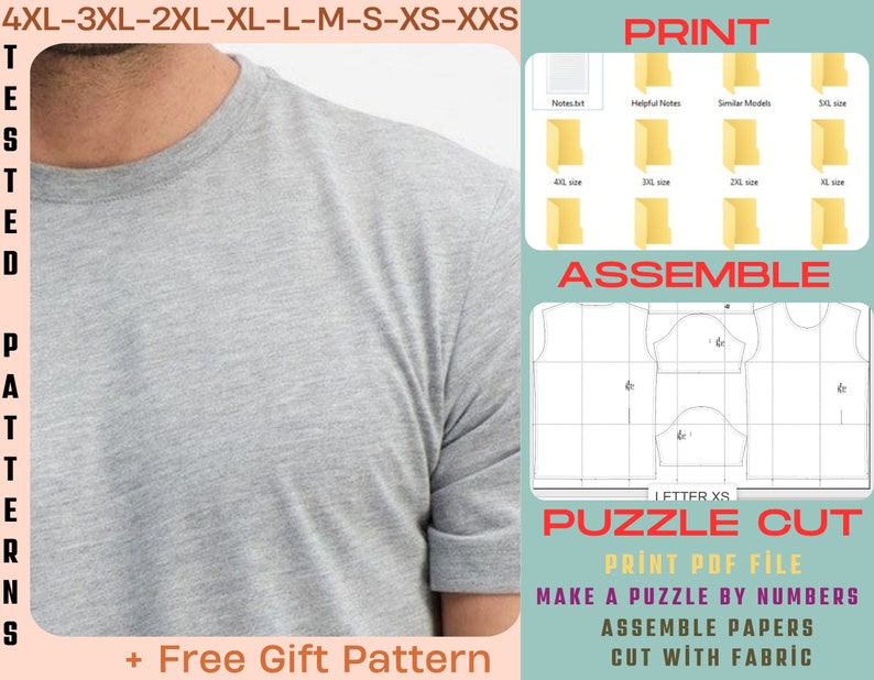 K&ouml;nnte beinhalten: Ein graues T-Shirt-Muster mit Anweisungen zum Drucken, Zusammenbauen und Zuschneiden von Stoff. Das Muster ist ein Puzzle-Schnitt, wobei jedes Teil nummeriert ist. Der Text auf dem Bild lautet "4XL-3XL-2XL-XL-L-M-S-XS-XXS Tested Pattern + Free Gift Pattern Print Assemble Puzzle Cut Print PDF File Make a Puzzle by Numbers Assemble Papers Cut with Fabric"