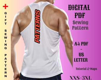 Men's Racerback Tank Top Sewing Pattern, Fitness Apparel (A4/USLetter PDF)