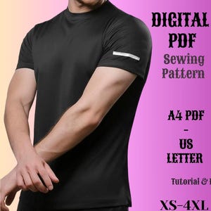 Puede incluir: Un patrón de costura digital para una camiseta negra con una franja blanca en la manga. El patrón está disponible en tallas XS-4XL e incluye archivos PDF A4 y US Letter, un tutorial y mapas.  "DIGITAL PDF Sewing Pattern" y "A4 PDF - US LETTER" están escritos en negro sobre fondo rosa.  "Tutorial & Maps" y "XS-4XL" están escritos en blanco sobre fondo negro.