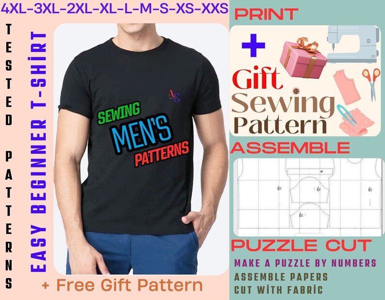 K&ouml;nnte beinhalten: Ein schwarzes T-Shirt mit dem Aufdruck "Sewing Men's Patterns" auf der Vorderseite. Das T-Shirt ist Teil eines N&auml;hmustersatzes, der ein kostenloses Geschenk-Muster enth&auml;lt. Das Muster ist so konzipiert, dass es wie ein Puzzle zusammengesetzt wird, mit nummerierten Teilen, die ausgeschnitten und zusammengen&auml;ht werden.