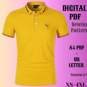 May include: Mustard yellow polo shirt with a three-button placket and a small logo. The shirt has a contrasting trim on the collar and sleeves. Text on the right side reads "DIGITAL PDF Sewing Pattern".