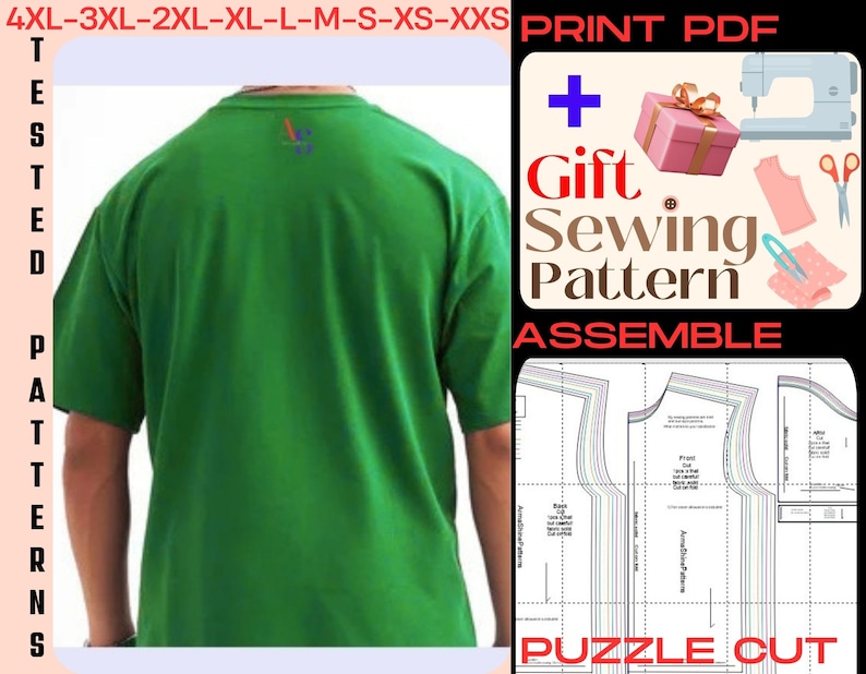 Puede incluir: Una camiseta verde con un par de tijeras en la espalda. La imagen tambi&eacute;n muestra un patr&oacute;n de costura para una camiseta con el texto "Gift Sewing Pattern" y "Assemble Puzzle Cut" impreso en ella.