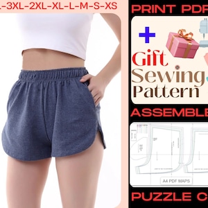 Patrón de costura de shorts para mujer, Patrones de shorts con bolsillo, Patrones de costura fáciles para mujer A4 PDF, Carta US, Descarga instantánea, XS-4XS