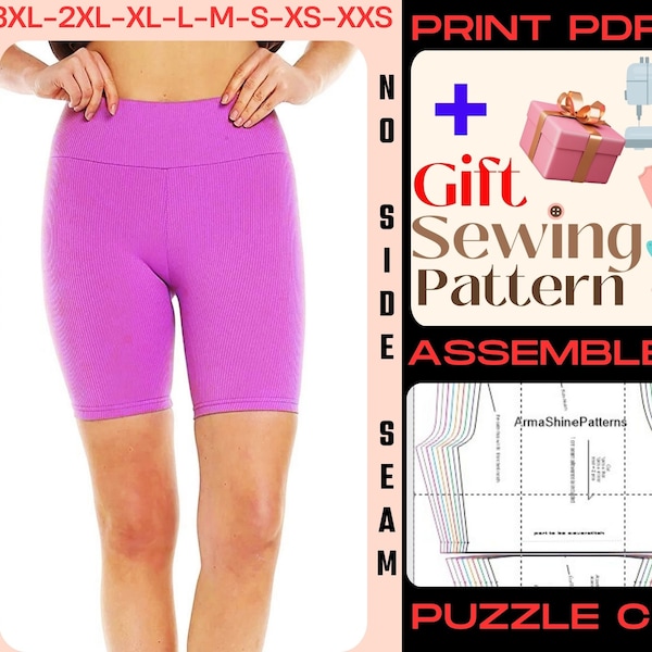 Women's Short Leggings, High Waist Shorts Sewing Patterns, Easy Beginner Sewing Pattern, No Side Seam, Gym Activewear Exercise Pants PDF