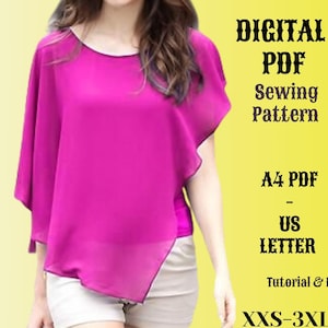 Könnte beinhalten: Digitales PDF-Schnittmuster für ein pinkfarbenes Oberteil mit drapiertem Ausschnitt. Das Schnittmuster umfasst die Größen XXS-3XL und ist in den Formaten A4 und US Letter erhältlich. Das Schnittmuster enthält außerdem eine Anleitung und Karten.