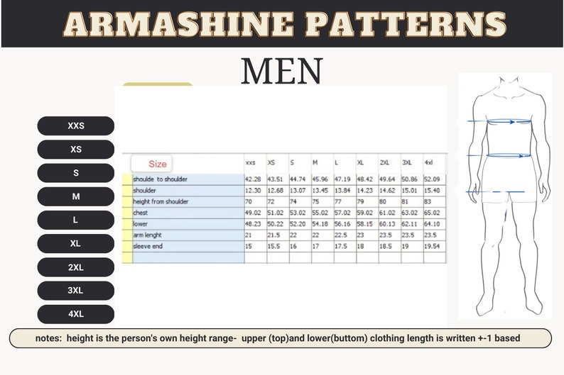 K&ouml;nnte beinhalten: Eine Tabelle mit Ma&szlig;en f&uuml;r verschiedene Kleidungsgr&ouml;&szlig;en von XXS bis 4XL. Die Tabelle enth&auml;lt Ma&szlig;e f&uuml;r Schulter zu Schulter, Schulter, H&ouml;he von der Schulter, Brust, Unterteil, Arml&auml;nge und &Auml;rmel. Alle Ma&szlig;e sind in Zentimetern.