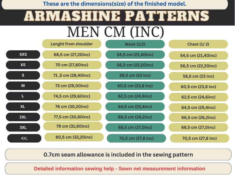 Puede incluir: Un gr&aacute;fico que muestra las medidas de talla de ropa para hombres en pulgadas y cent&iacute;metros. El gr&aacute;fico incluye medidas para el pecho, la cintura y la longitud desde el hombro. Las tallas van desde XXS hasta 4XL.