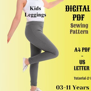Patrón de costura de leggings para niños, descarga pantalones leggings fáciles, tamaño A4 y carta PDF para niños, para piernas de niñas principiantes 3/12 TODOS los años