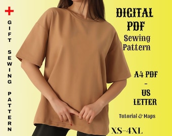 Naaipatroon oversized T-shirt: basis-T-shirt dames (XS-4XL) (digitale pdf)