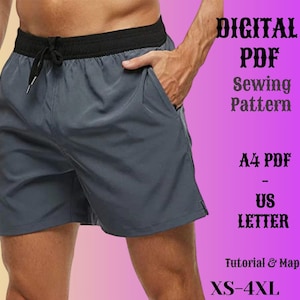 Padrão de trajes de banho masculinos, padrão de shorts, padrão de costura shorts masculinos, padrão de costura para homem A4 PDF, carta dos EUA, download instantâneo, XS-4XS
