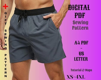 Patrón de costura para bañador tipo short para hombre: XS-4XL (PDF A4, tamaño carta estadounidense)
