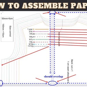 K&ouml;nnte beinhalten: Diagramm, das zeigt, wie man Papiermuster zum N&auml;hen zusammensetzt. Das Diagramm enth&auml;lt Linien und Markierungen f&uuml;r verschiedene Gr&ouml;&szlig;en, eine Nahtzugabe und einen Mittelpunkt. Der Text "should overlap" ist auf dem Diagramm geschrieben.