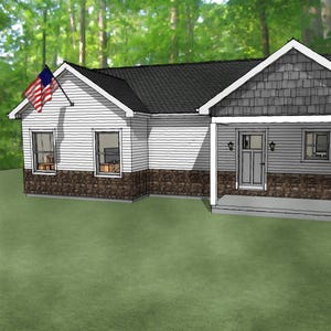 May include: A digital rendering of a small house with a white exterior, black roof, and stone veneer base. An American flag is displayed. The house has a porch with a door and windows. The background features a green lawn and trees.