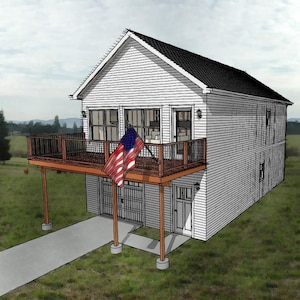 May include: A white two-story house with a wooden deck and an American flag. The house has a garage door and a wooden door. The house is surrounded by green grass and trees.