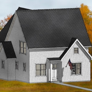 May include: A white two-story house with a gray roof and a porch. The house has several windows and a door. There is a small American flag hanging on the porch. The house is surrounded by trees with yellow leaves.