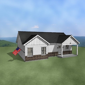 May include: A white house with a black roof and a small porch. The house has a stone foundation and a red, white, and blue flag. The house is set against a backdrop of green hills and a blue sky.