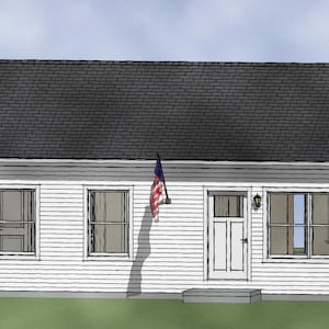 May include: A white, single-story house with a gray roof and a small porch. There are three windows and a door on the front of the house. An American flag is flying from a pole on the side of the house.