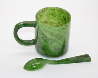 Tasse et cuillère en jade néphrite, cérémonies du thé, néphrite verte, pierre rare, vaisselle en pierre