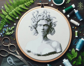 Modern cross stitch pattern instant download pdf, Counted Medusa Gorgon, Antique statue, Ancient Greek mythology, Sculpture, Black and white