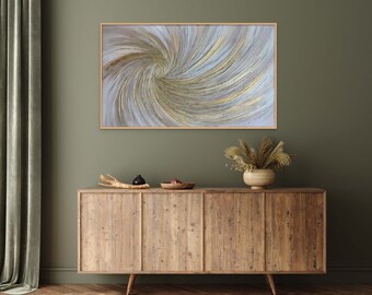 Grande pittura astratta su tela dorata con texture foglia oro, pittura murale, decorazione della parete del soggiorno