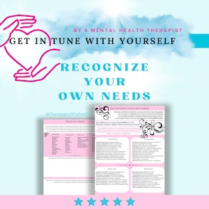 Peut inclure: Un graphique rose et blanc avec un cœur et des mains, et le texte "Get in tune with yourself. Recognize your own needs." Le graphique comprend également une liste de besoins, tels que les besoins physiques, les besoins mentaux, les besoins émotionnels et les besoins spirituels.