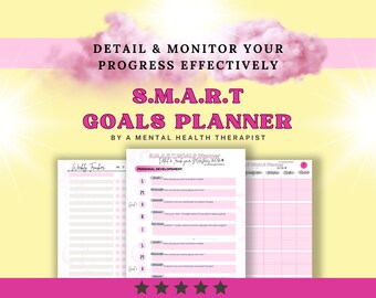 Può includere: Un planner stampabile rosa e bianco con il testo "S.M.A.R.T Goals Planner" e "By a Mental Health Therapist". Il planner è progettato per aiutarti a dettagliare e monitorare i tuoi progressi in modo efficace.