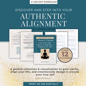 Puede incluir: Una descarga digital con el texto "Discover and Step Into Your Authentic Alignment" y "Realign & Embody Step Into The Most Authentic Version of You." La imagen incluye una silueta de una persona meditando.