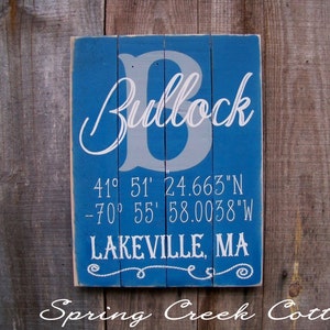 Custom GPS Coordinates Sign Personalized With Your Family Name And Location Beautifully Hand-painted On Rustic Barnwood Planks image 1