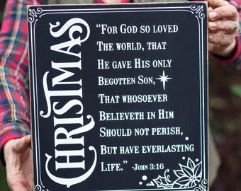 Hand-painted Rustic Wood Christmas Sign | John 3:16 Bible Verse Wall Decor