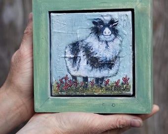 Textured Sheep Painting | Mixed Media Acrylic Art (5.75"x5.75")