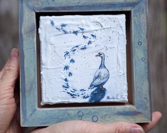Mini Textured Snow Goose Painting | Mixed Media Wildlife Art (6"x6")