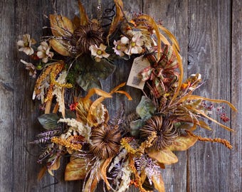Autumn Harvest Grapevine Wreath | Rustic Pumpkins, Grain, Plaid Bow Cottagecore Decor