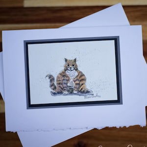 Tarjeta original de acuarela con diseño de gato / Pintura de gato regordete pintada a mano / Tarjeta de felicitación artística para amantes de las mascotas de 5"x7" en blanco para enmarcar, con sobre de borde irregular.