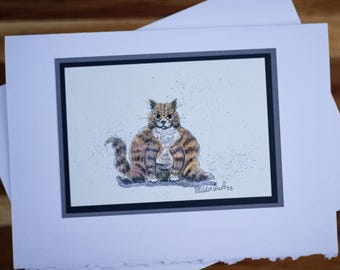 Hand-Painted Watercolor Cat Card | Striped Tabby Art Note (5"x7")