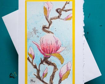 Hand-Painted Magnolia Watercolor Card | Pink Floral Branch Art (5"x7")