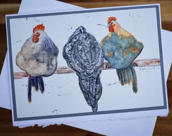 Hand-Painted Watercolor Hens Card | Farmhouse Chickens Art (5"x7")