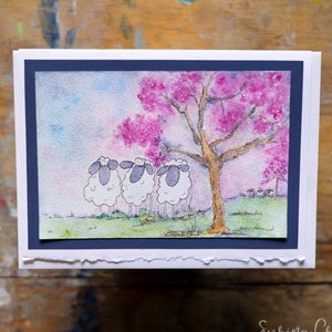 Cartão de felicitações em branco com borda irregular, aquarela original de ovelha, 5x7, para qualquer ocasião, cartão de arte popular emoldurável pintado à mão, arte minúscula, papelaria
