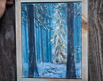 Winter Pine Forest Mixed Media Painting | Textured Acrylic Woodland Art (11.75"x9.5")